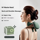 Woman using a neck and shoulder massager with product details on a white background