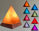 Pyramid-shaped Himalayan Salt Lamp with wooden base and multicolor LED glow