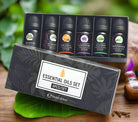 Bottle of herbal massage essential oil with natural ingredients like mint and lavender
