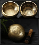 Handmade copper Buddha singing bowl with leather striker and auspicious knot design