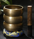 Handmade copper Buddha singing bowl with leather striker and auspicious knot design