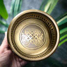 Handmade copper Buddha singing bowl with leather striker and auspicious knot design