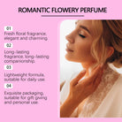 Advertisement for romantic flowery perfume with a woman applying it, on a pink background.