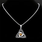 Geometric triangle necklace with intertwined ring design and natural tiger eye stone pendant on stainless steel chain.