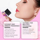 Woman holding a perfume bottle with text about fragrance and occasions