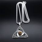 Geometric triangle necklace with intertwined ring design and natural tiger eye stone pendant on stainless steel chain.