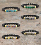 Black lava and colorful malachite stone bracelet with 8mm beads in peacock tones