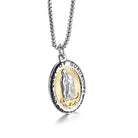 Silver necklace with a pendant featuring 'Our Lady of Guadalupe' on a white background
