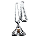 Geometric triangle necklace with intertwined ring design and natural tiger eye stone pendant on stainless steel chain.