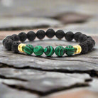 Black lava and colorful malachite stone bracelet with 8mm beads in peacock tones