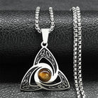 Geometric triangle necklace with intertwined ring design and natural tiger eye stone pendant on stainless steel chain.