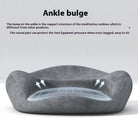 Round ergonomic meditation cushion placed on a yoga mat, with a serene background of plants and candles