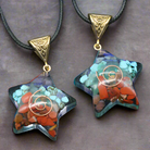 "Colorful chakra stone pendant on a sleek leather strap."